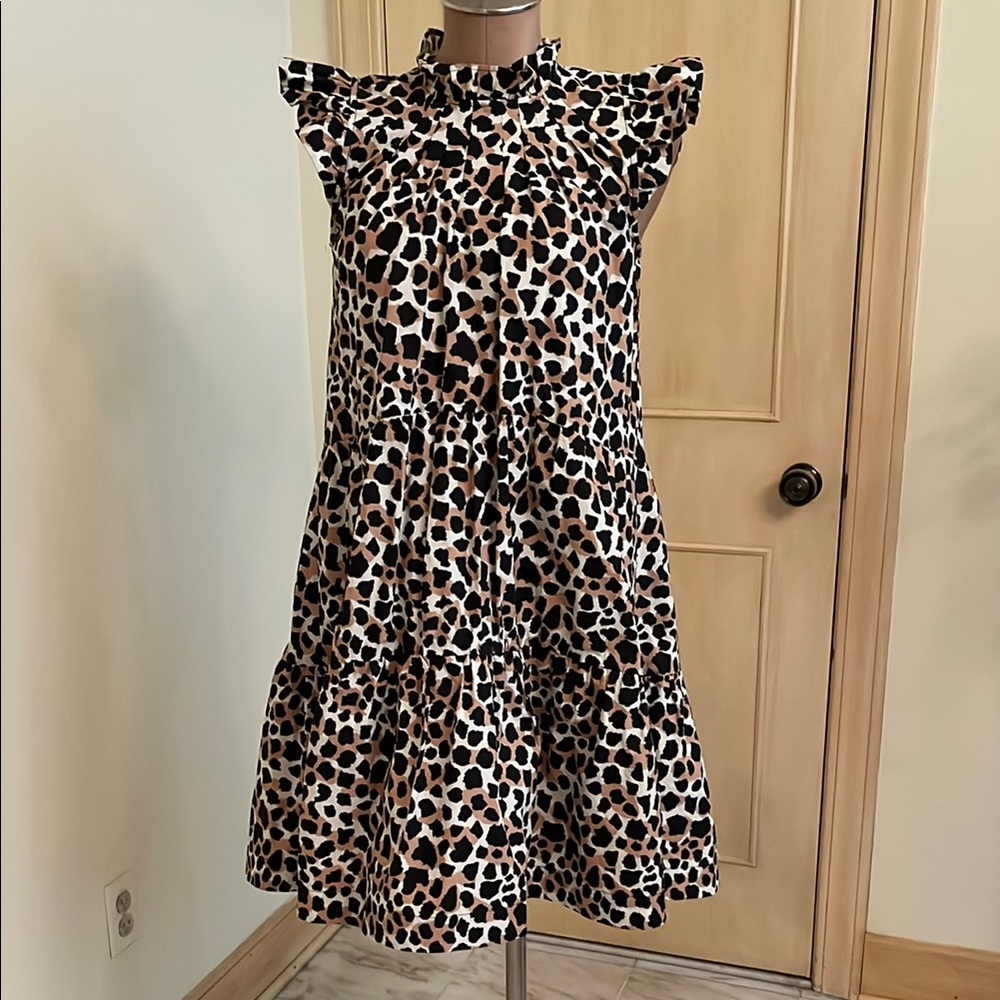 SEA NEW YORK "Apollo" Party 100% Cotton Hi Ruffle Neck/SLV Tier Leopard Dress 4